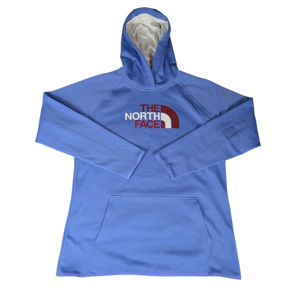 The North Face Womens Light Blue Logo Pullover Hoodie Thumbhole Activewear 5551 - Picture 2 of 8